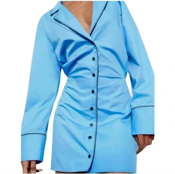 NWT Zara Trench Coat Short Dress Blue cotton deep v neck button up top shirt - Picture 1 of 9